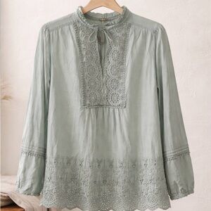 Elegant Lace Trim Blouse - Light blue